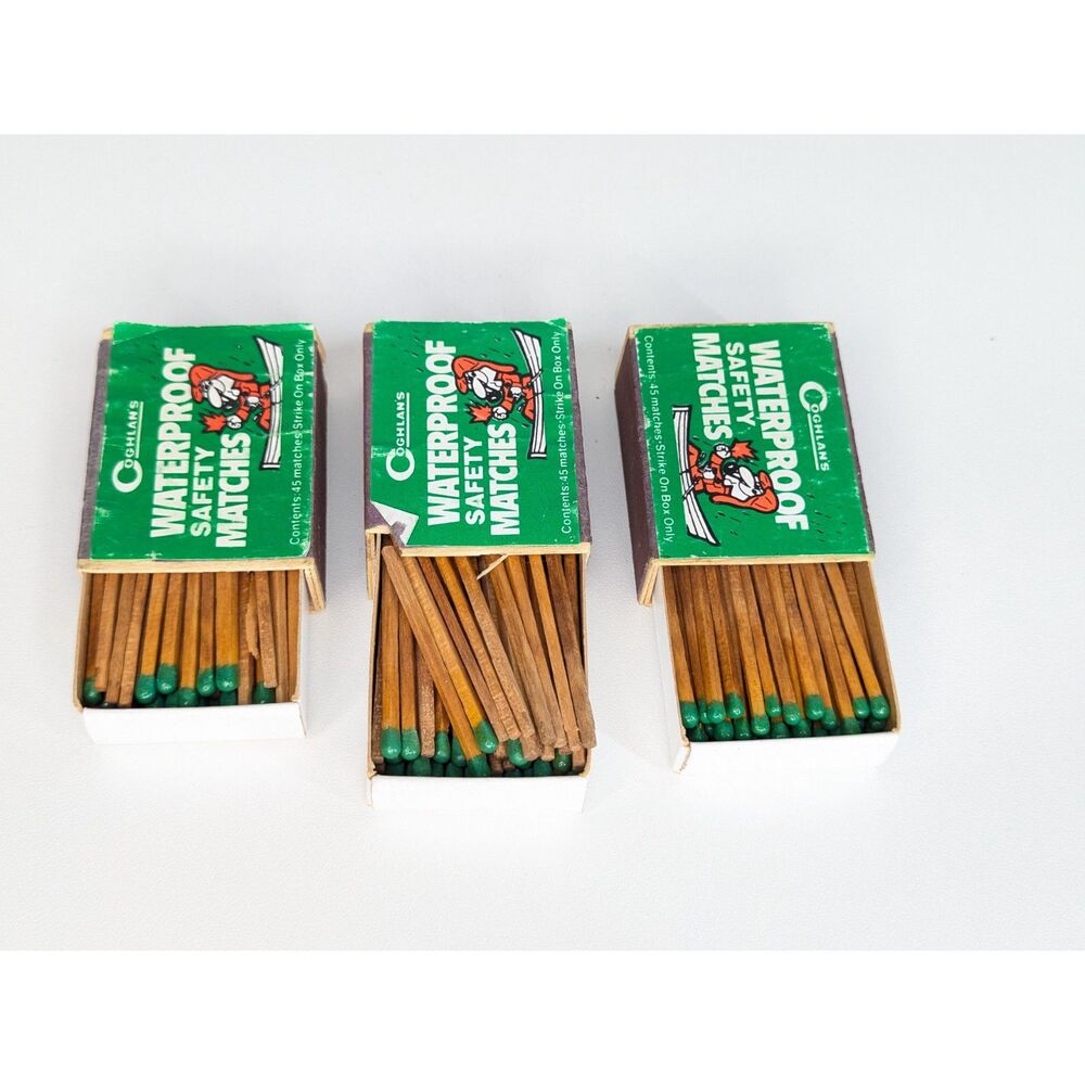 Vintage Coghlan's Waterproof Safety Matches Set of 3 Strike on Box Retro Camping